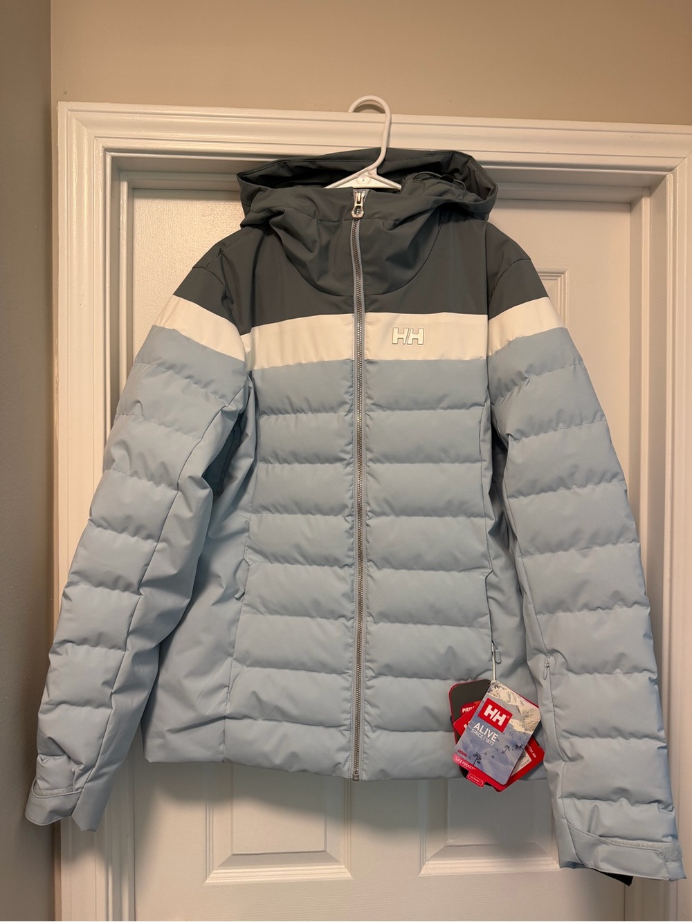 Helly Hansen Light Blue and Dark Gray Ski Puffer Jacket with White Band